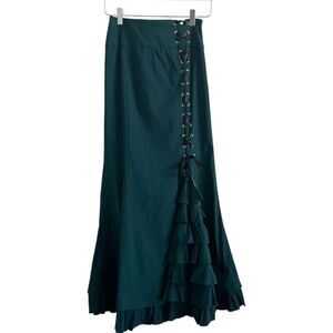 Belle Poque Ruffled Maxi Skirt Sz S Green Victorian Goth Lace up Whimsigoth